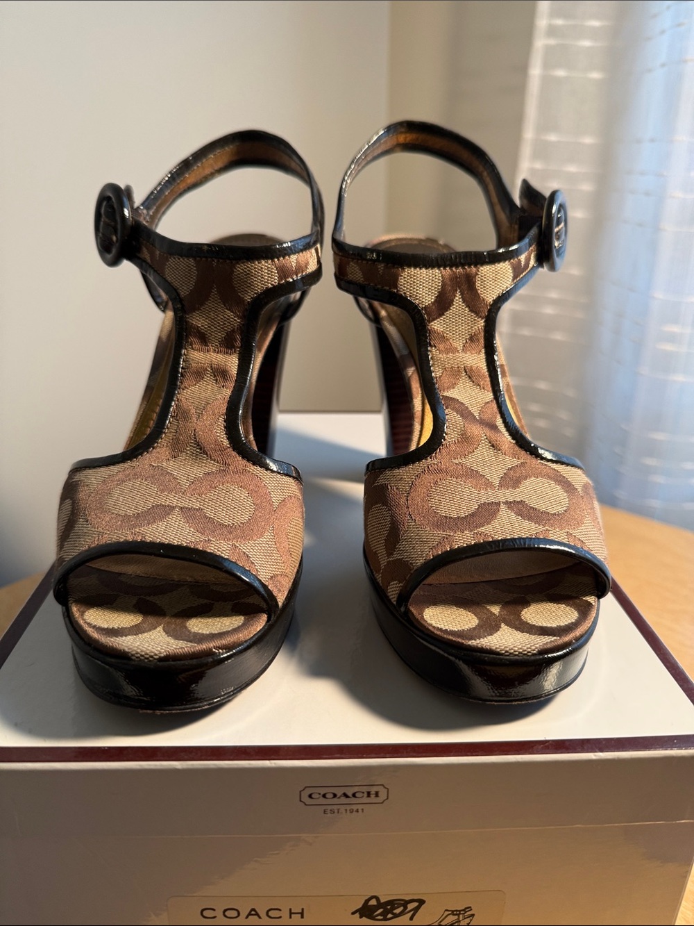 Coach Brown Signature Canvas T-Strap Platform Heels with Black Trim